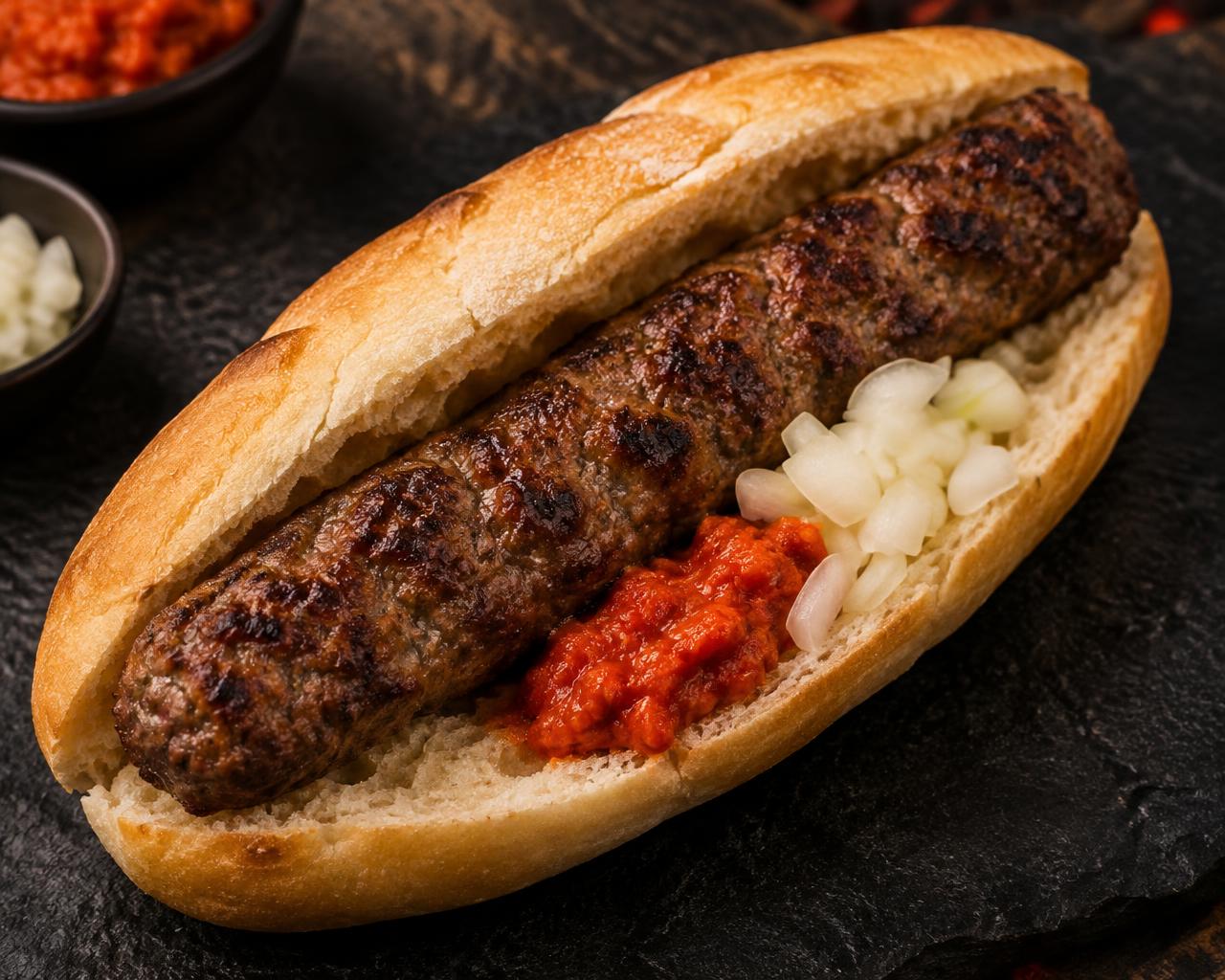 Cevapdog schräg von oben: ein durchgehender Ćevap im Brötchen, Ajvar und Zwiebeln als Serviervorschlag