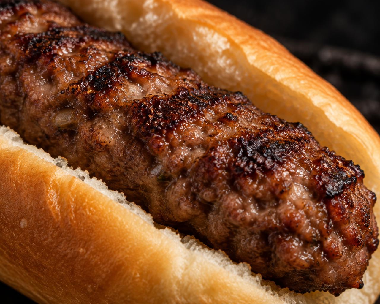 Detailaufnahme: grobe, gegrillte Struktur des Faschierten mit Röstspuren