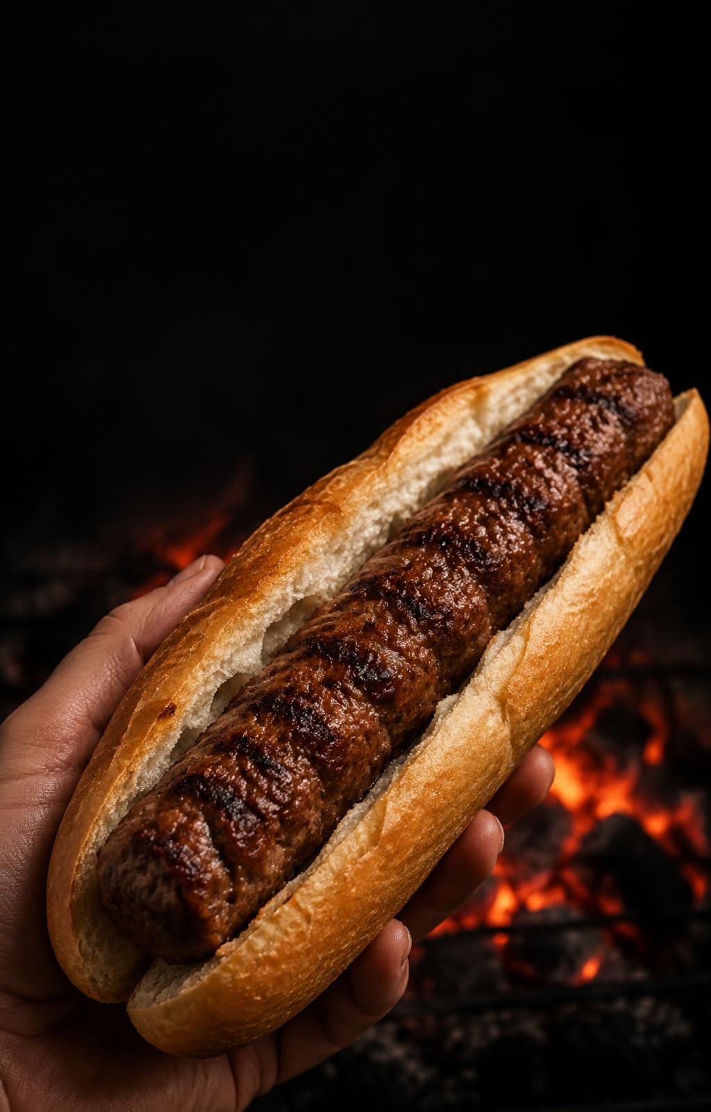 Cevapdog: ein einziger langer, gegrillter Ćevap in einem weichen Hotdog-Brötchen vor dunklem Hintergrund